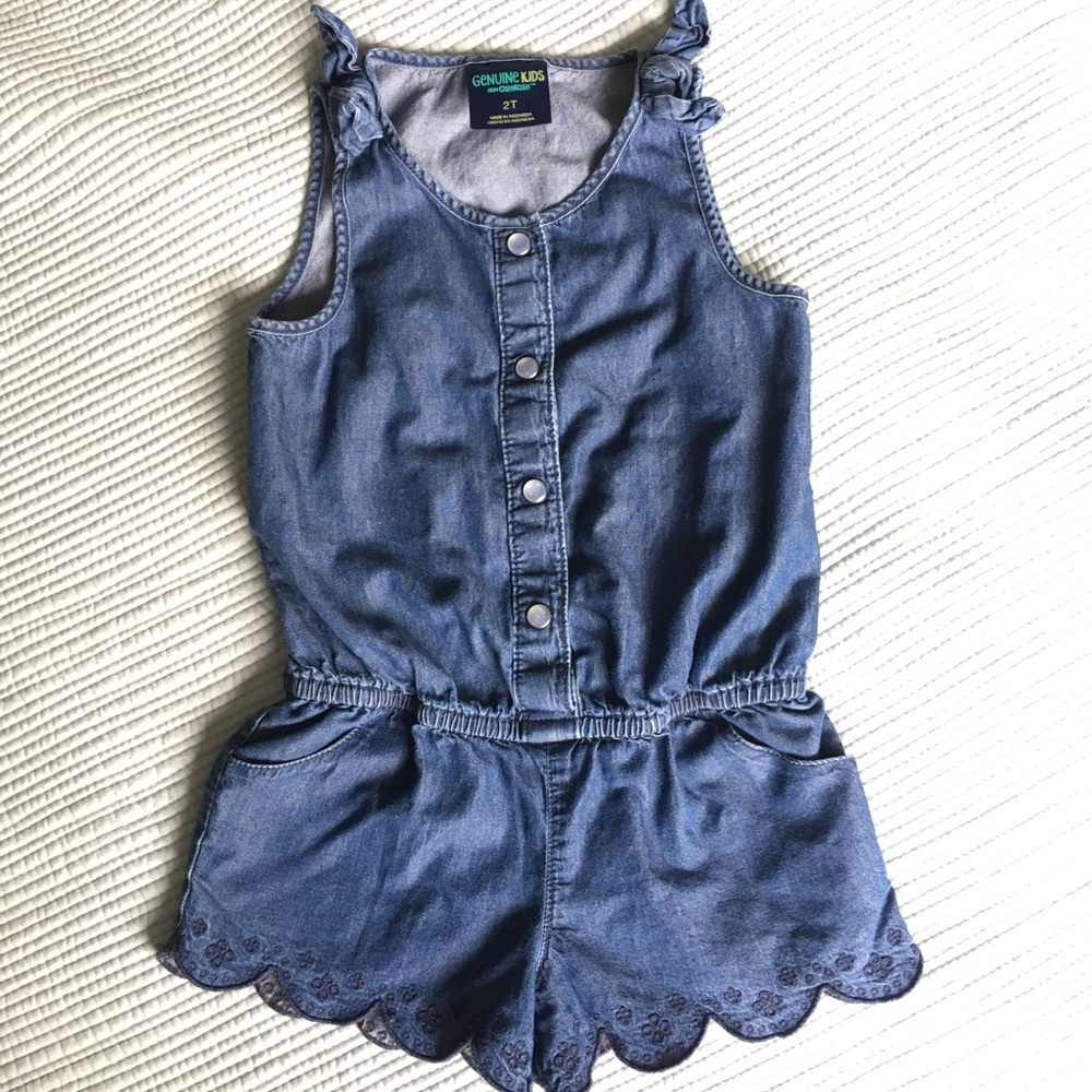 Chambray Denim Romper with Eyelet Scallop Hem